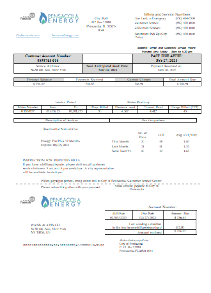 Download Florida Pensacola Energy utility business bill,  SCR Photoshop template